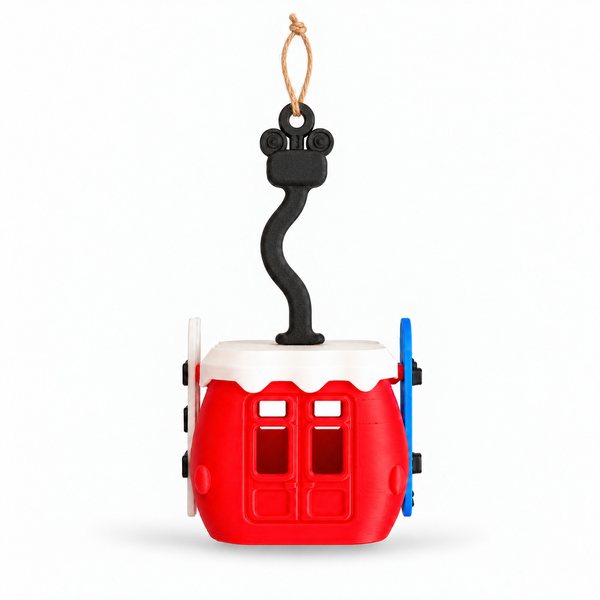 The Gondola Ornament: red cable car with white snow roof, black hanger arm and natural twine loop