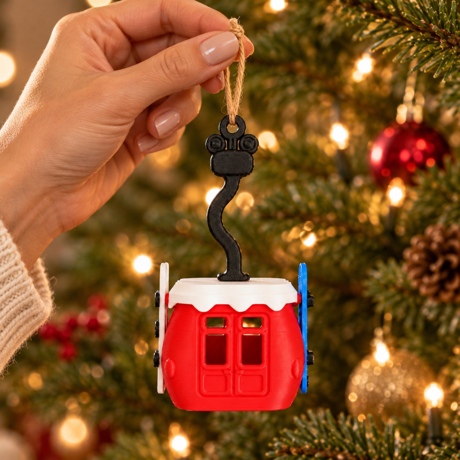 Hand holding the gondola ornament by its twine loop, showing its size of about four inches