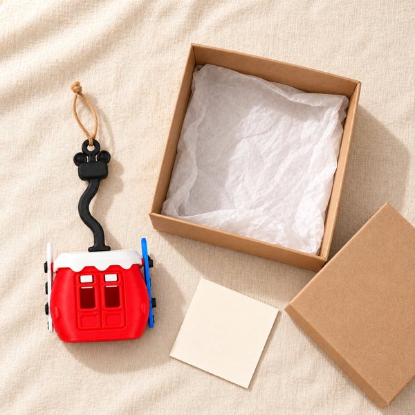 Gondola ornament beside its gift box, tissue and a blank card