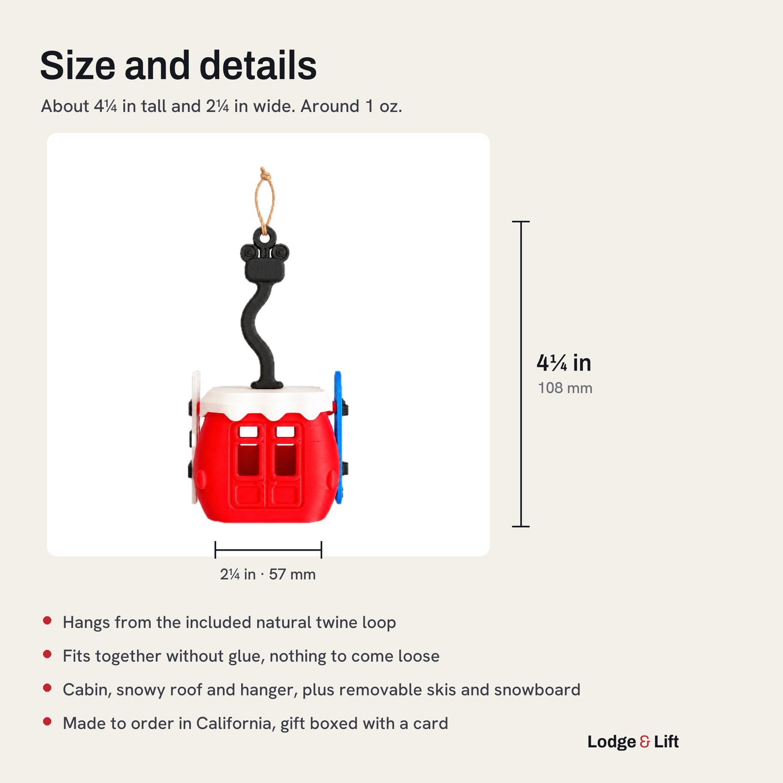 Size guide: about 4.25 inches tall and 2.25 inches wide, around one ounce, with the parts listed