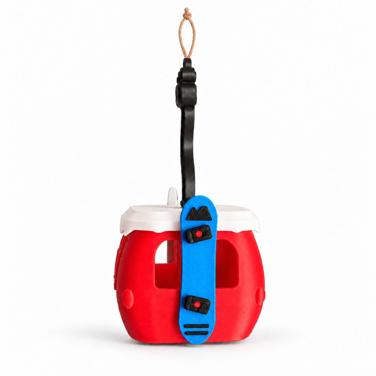 Side of the gondola ornament with a cobalt blue snowboard on the door