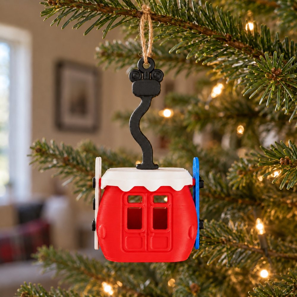 The Gondola Ornament hanging from a fir branch on a lit Christmas tree